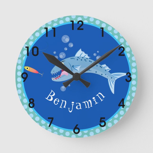 Horloge Ronde Barracuda poisson affamé de la pêche dessin animé (Recto)