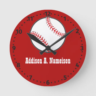 Horloge Ronde Baseball on Red Name Sports Room Boys Round Clock