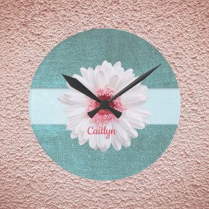 Horloge Ronde Basilique blanche et rose sur turquoise