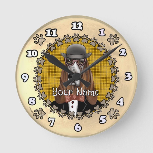 Horloge Ronde Basset Hound portant des lunettes (Recto)