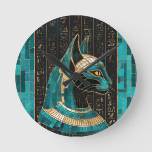 Horloge Ronde Bastet, déesse chatte égyptienne - Art mosaïque