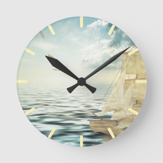 Horloge Ronde Bateau à voile et mouettes Brigantine (Recto)