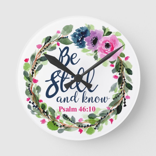 Horloge Ronde Be Still And Know Pink Floral Bible Vers (Recto)