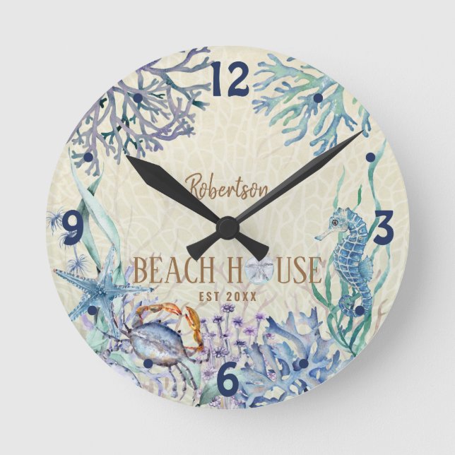 Horloge Ronde Beach House Océan côtier Personnalisé (Recto)