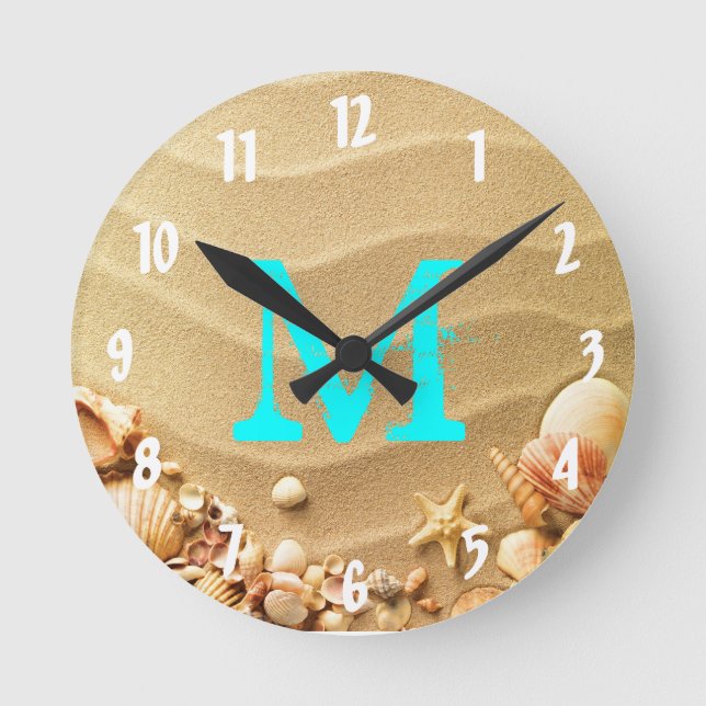 Horloge Ronde Beach Seashell Hawaii Monogram Initial Wall Clock (Recto)