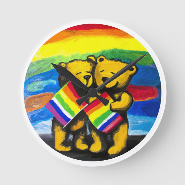 Horloge Ronde Bears Love Couple LGBT Arc-en-ciel (Recto)