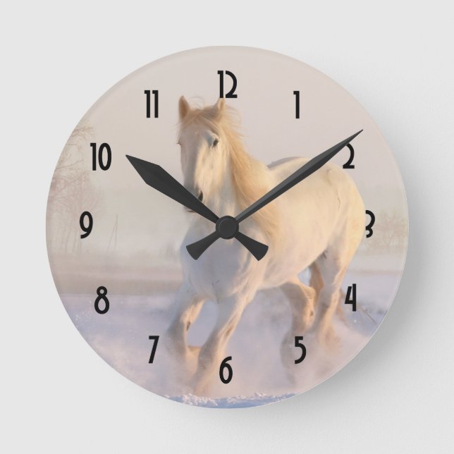 Horloge Ronde Beau Cheval Blanc Courir dans la neige (Recto)