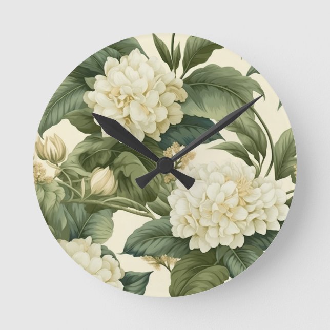 Horloge Ronde Beau motif floral blanc classique (Recto)