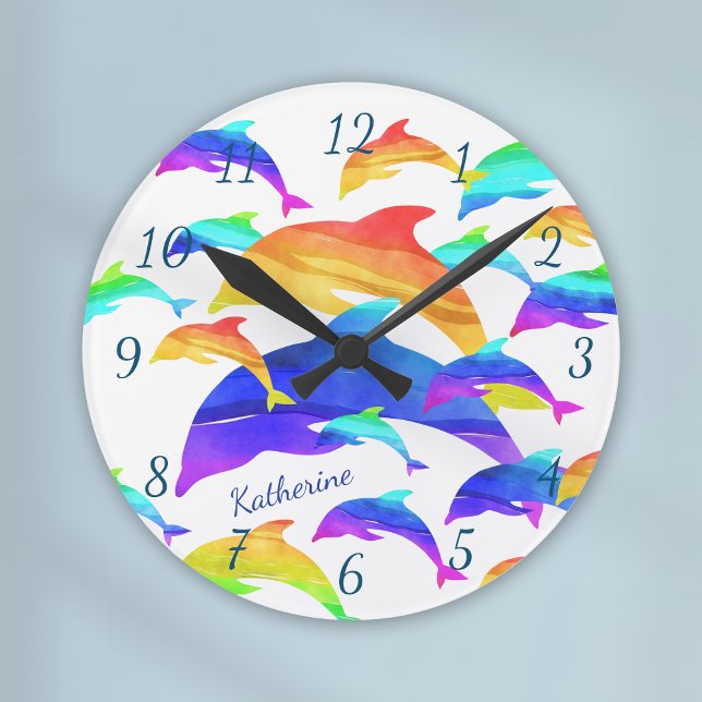 Horloge Ronde Beaux dauphins en arc-en-ciel avec prénom (Créateur téléchargé)