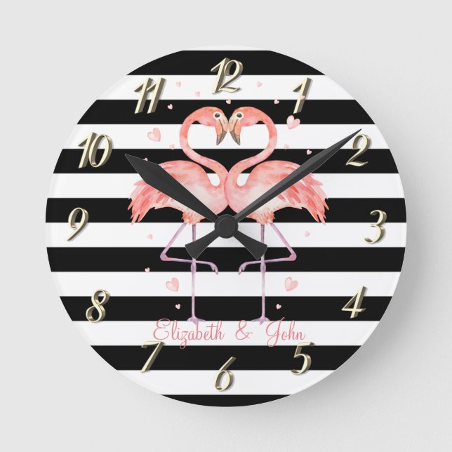 Horloge Ronde Beaux Flamants roses En Amour, Blancs Noirs (Recto)