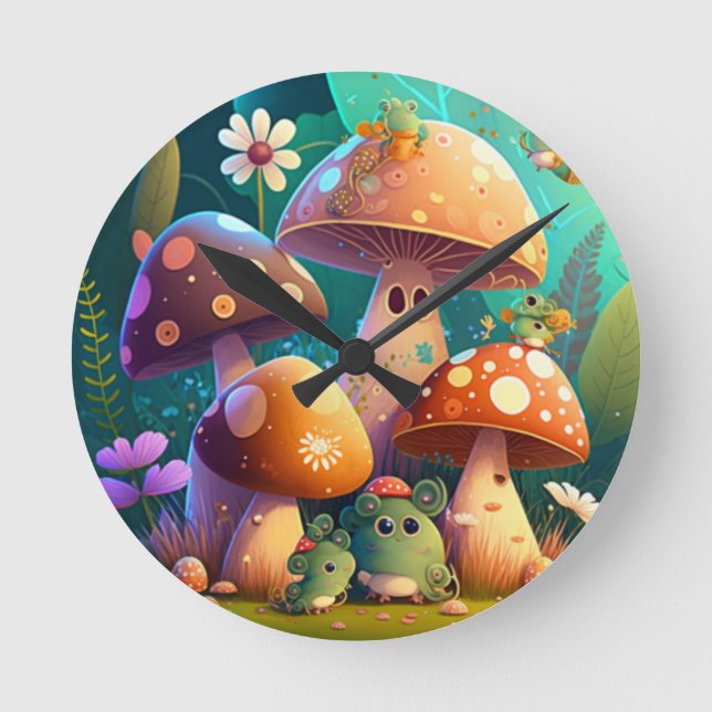 Horloge Ronde Beaux mignons champignons pour la chambre bébé (Recto)