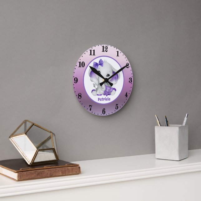 Horloge Ronde bébé fille éléphant ajouter nom pépinière (Bureau)