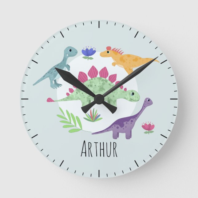 Horloge Ronde Bébé Garçons Bleu Cute Dinosaur Enfants Nursery (Recto)