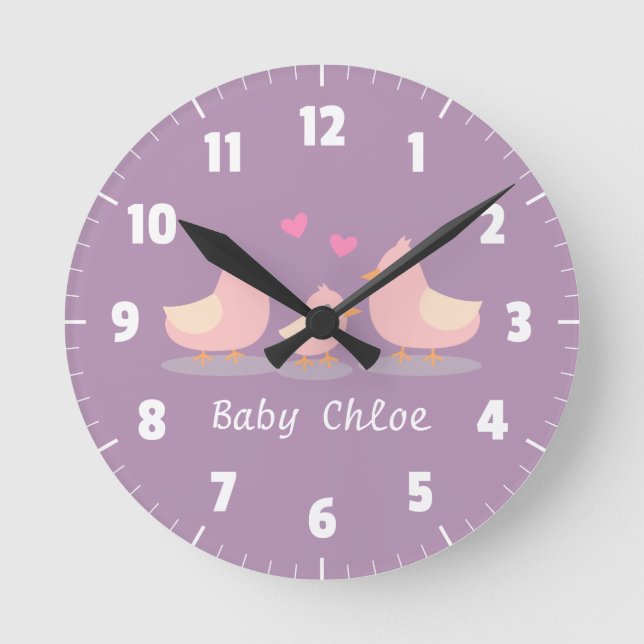 Horloge Ronde Bébé mignon oiseau poussette famille bébé fille dé (Recto)