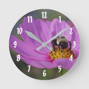Horloge Ronde Bee On Pink Cosmos Flower Up Close