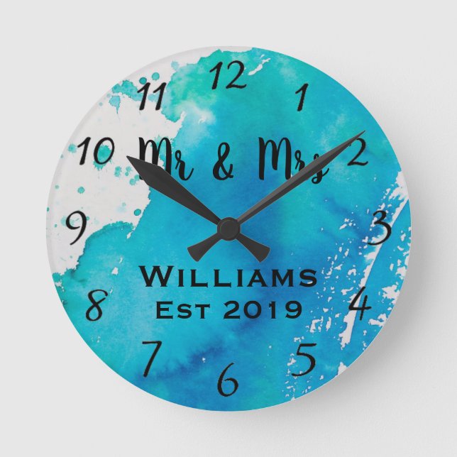 Horloge Ronde Belle Aquarelle bleue Turquoise Personnalisée Pers (Recto)