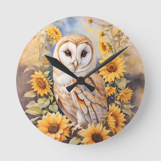 Horloge Ronde Belle Chouette Et Fleurs De Soleil (Recto)