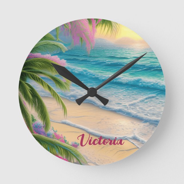 Horloge Ronde Belle Plage Océan Vagues Sable Palmiers (Recto)