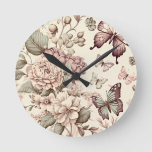 Horloge Ronde Belles fleurs et papillons couleurs pastel