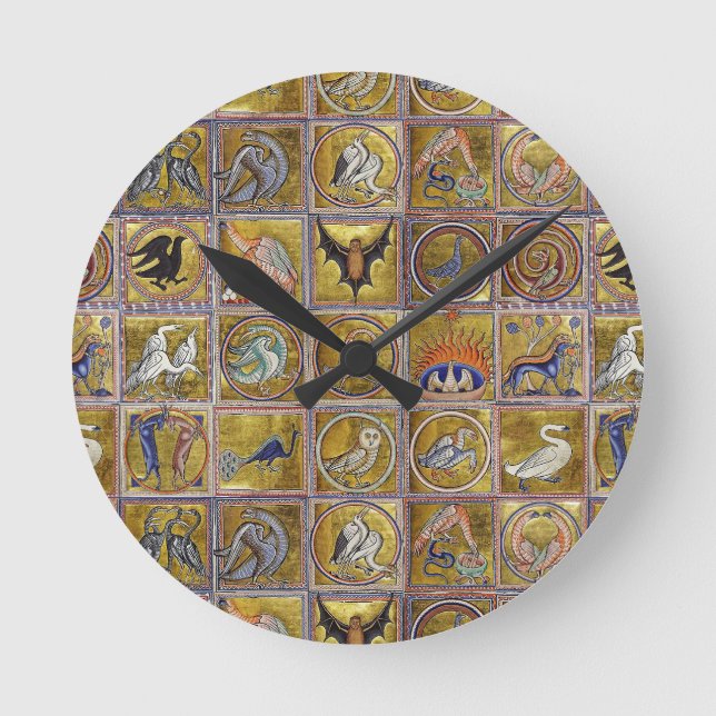 HORLOGE RONDE BESTIAIRE MÉDIÉVAL, ANIMAUX FANTASTIQUES, ROUGE D' (Recto)