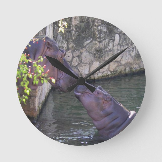 Horloge Ronde Bienvenue entre une mère et un bébé hippopotame (Recto)