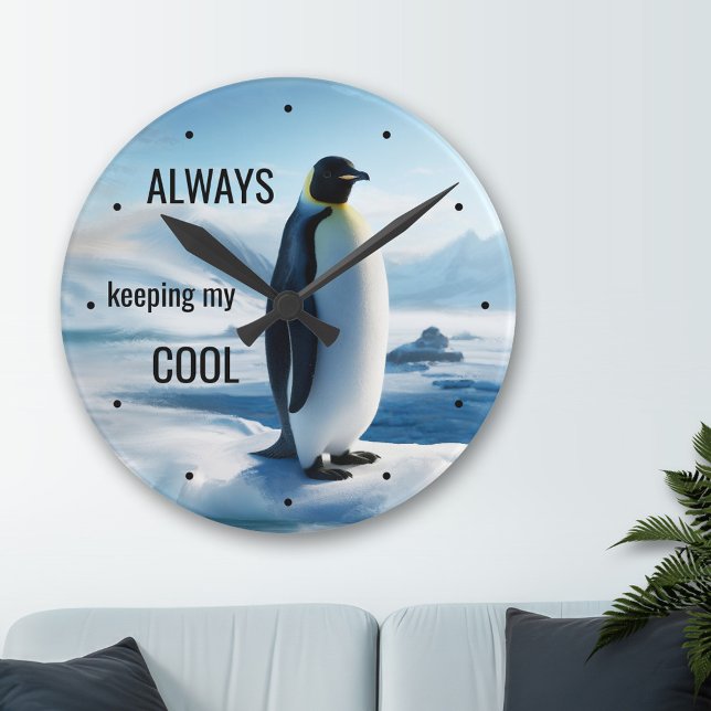 Horloge Ronde Bizarre de pingouin Cool (A funny wall clock featuring a painting of a penguin on ice.)