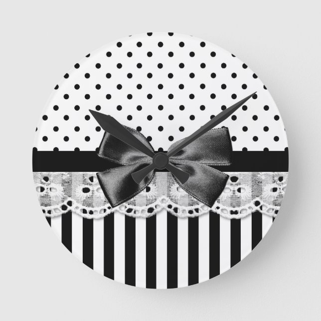Horloge Ronde Black and White Victorian Stripes with Bow (Recto)