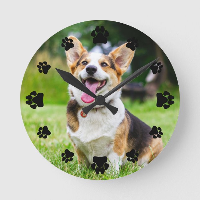 Horloge Ronde Black Paw Prints Add Your Pet Photo (Recto)