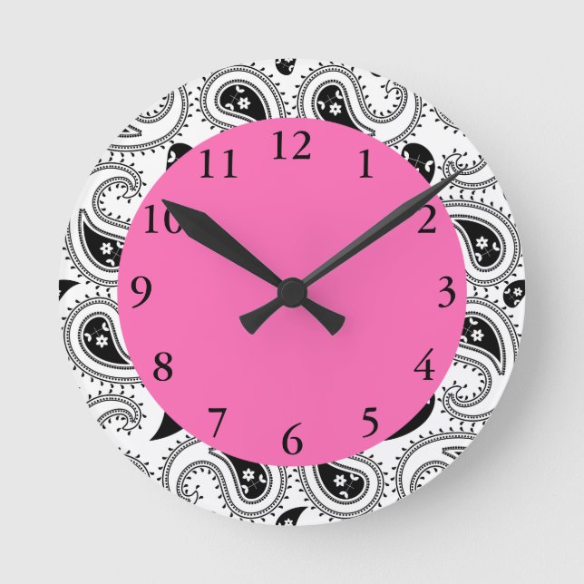 Horloge Ronde Black, White, Hot Pink Paisley (Recto)