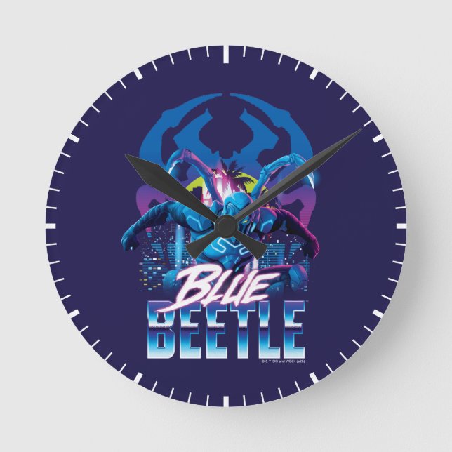 Horloge Ronde Bleu Beetle Rétrowave Ville coucher du soleil (Recto)