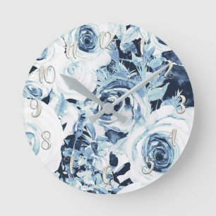 Horloge Ronde Bleu Blanc Argent Hiver Shabby Chic Roses Vintage