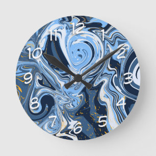 Horloge Ronde Bleu, blanc et doré Fluid Art