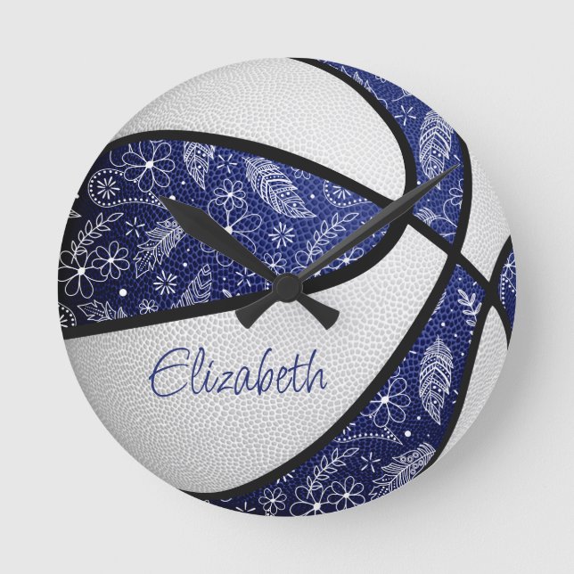 Horloge Ronde bleu blanc filles boho plumes motif basketball (Recto)