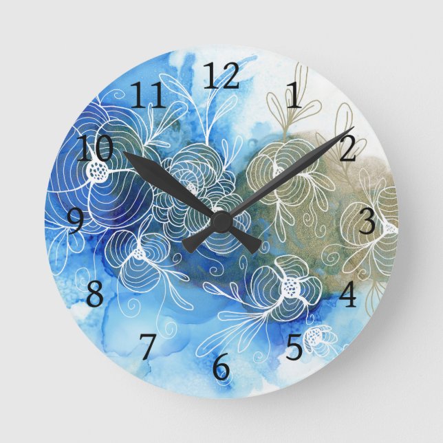 Horloge Ronde Bleu Blanc Floral Abstrait 71 (Recto)