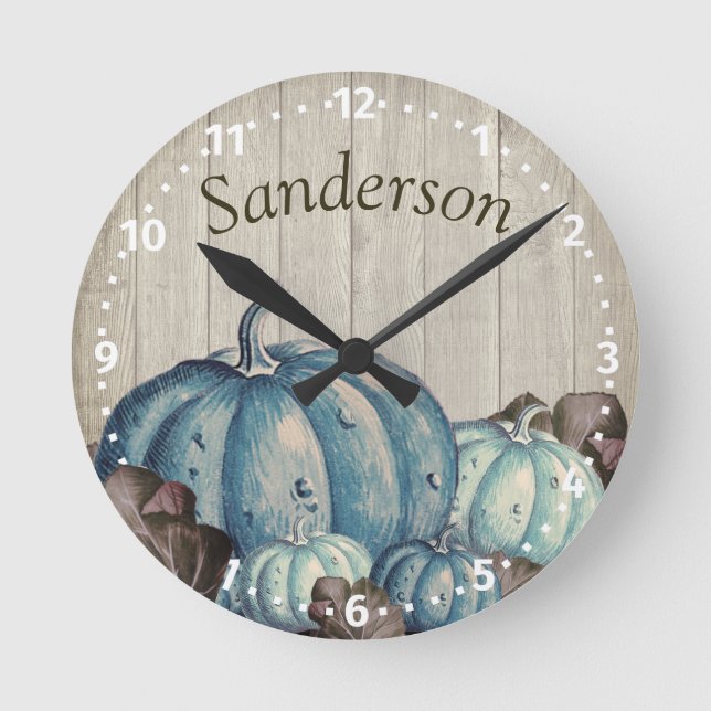 Horloge Ronde Bleu Citrouille Cute Feuilles d'automne Crème Rust (Recto)
