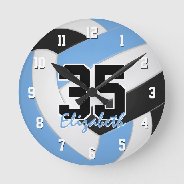 Horloge Ronde bleu clair noir fille volleyball personnalisée (Recto)