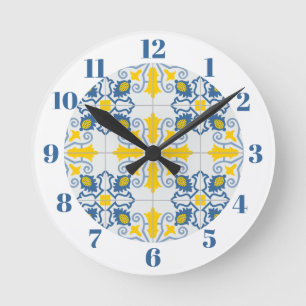 Horloge Ronde Bleu et jaune joli carrelage portugais motif