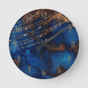 Horloge Ronde Bleu et or marbre pierre or brillant élégant