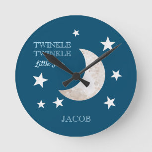 Horloge Ronde Bleu marine Étoiles blanches Lune Scintille Petite