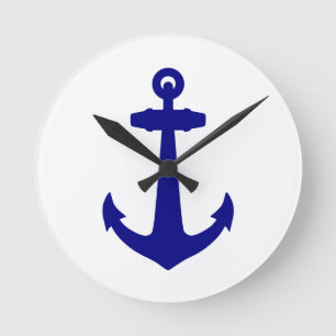 Horloge Ronde Bleu Marine Sur Blanc Décor Côtier Ancre