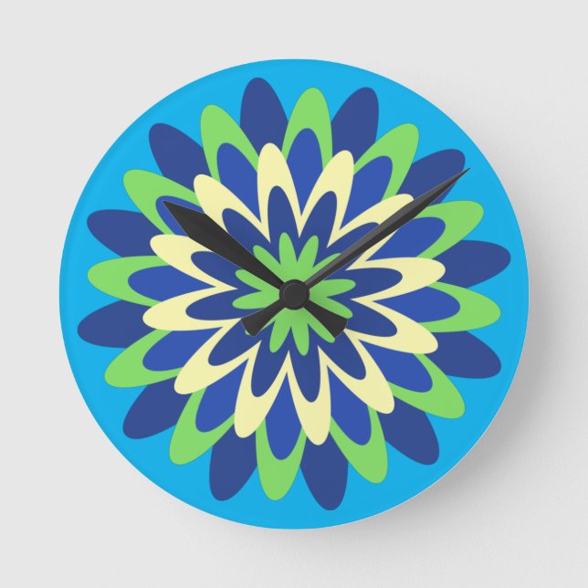 Horloge Ronde bleu marine, vert néon, fleur jaune canonique (Recto)