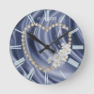 Horloge Ronde Bleu, Or, Vert, Ivoire, Soie & Perles