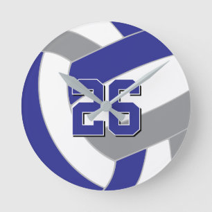 Horloge Ronde bleu royal gris ou couleurs d'ÉQUIPE de volley-bal