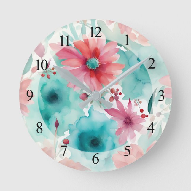 Horloge Ronde bleu turquoise Aquarelle rouge Fleurs de printemps (Recto)