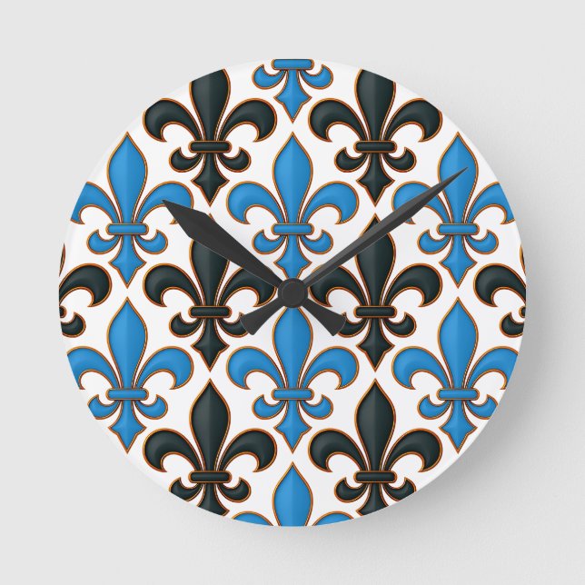 Horloge Ronde Blue Black Baroque Fleur-de-lis Pattern Design  (Recto)
