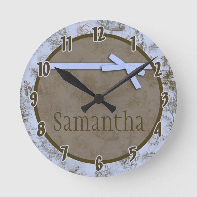 Horloge Ronde Blue French Fabric Toile Personalized Clock (Recto)