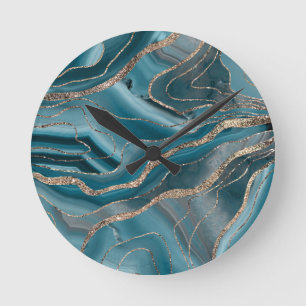 Horloge Ronde Blue Gray Agate Gold Glitter Glam #1