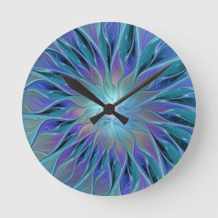 Horloge Ronde Blue Purple Flower Dream Abstrait Fractal Art