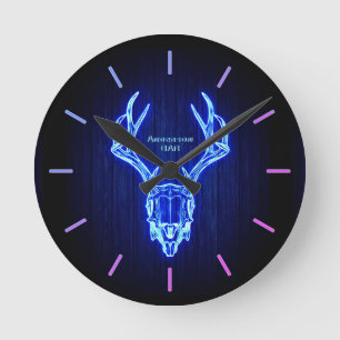 Horloge Ronde BLUE STAG SKULT Néon Style léger Mur personnalisé
