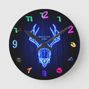 Horloge Ronde BLUE STAG SKULT Néon Style léger Mur personnalisé